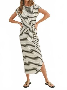 Striped Tie-Front Midi Dress in Cream and Black